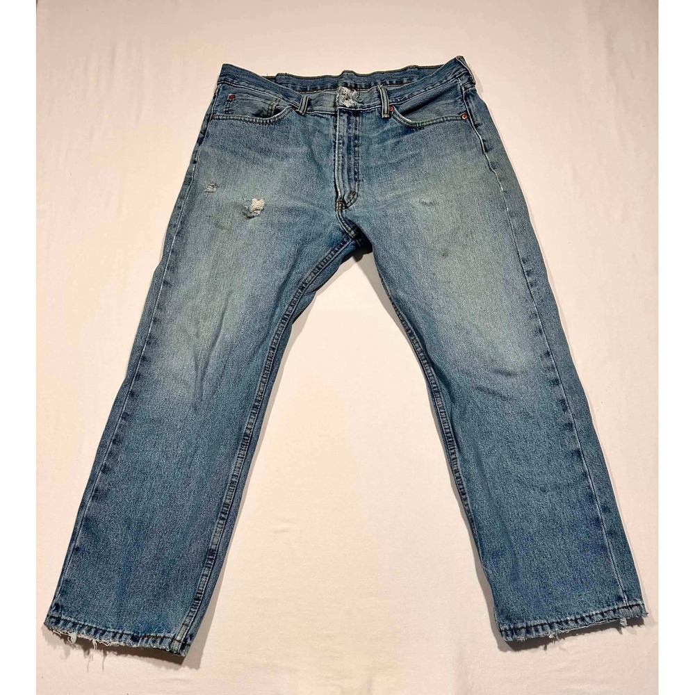Levis 505 Regular Fit Jeans Mens 38x29 Light Wash Distressed Blue Denim